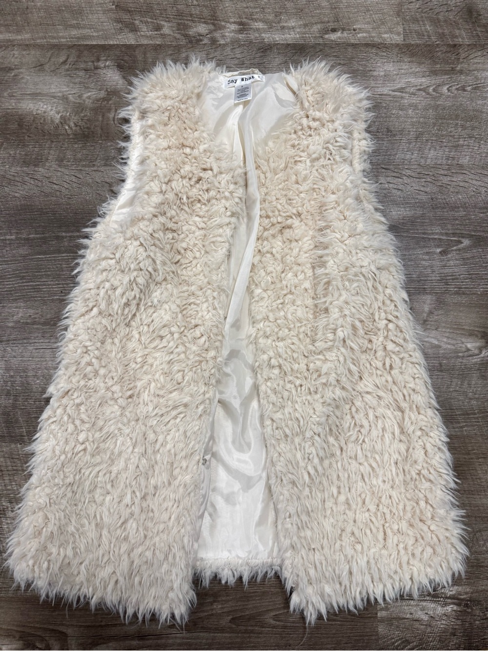 Say What? cream Shaggy Faux Fur Open Front Vest Size Small